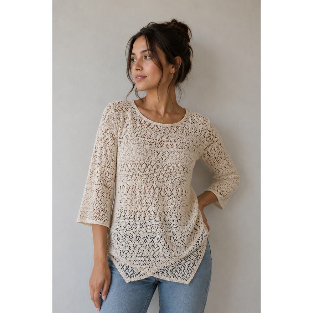 Chicos Travelers Quiet Luxury Sweater Womens M Ivory Metallic Sheer Boho Top